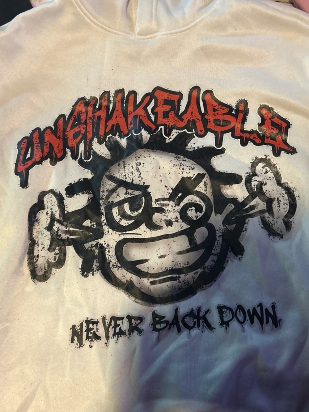 SHEIN White Hoodie with Black & Red Graphic 'Unshakable'